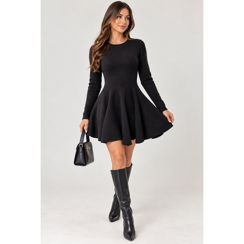 COMMENSE Black Pleated Fit & Flare Long Sleeve Sweater Mini Dress Size L